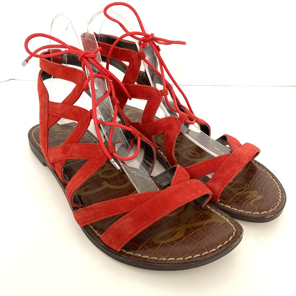 Sam Edelman GEMMA Sandal Caged Red Suede Gladiator Strappy Flat Open 8 - Picture 2 of 6